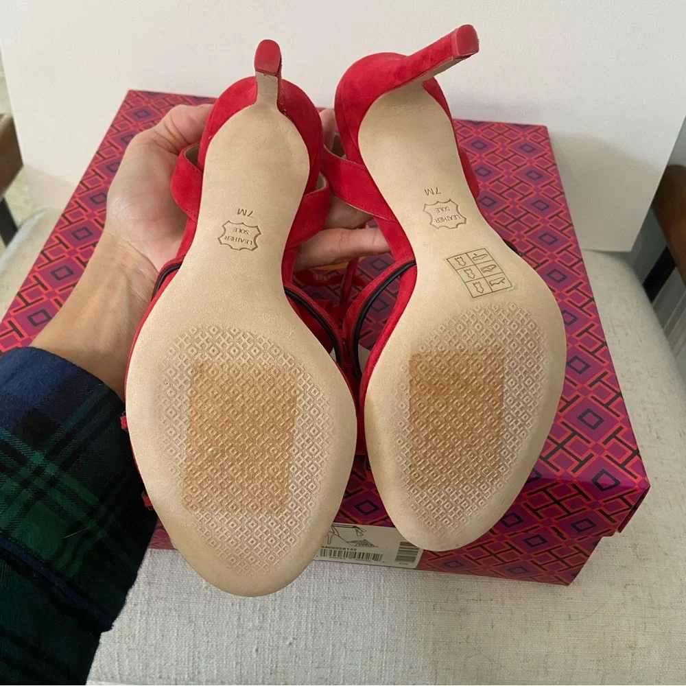 TORY BURCH NIB Seaside Red Suede Beaded Ribbon Ankle Strap Heels 7
